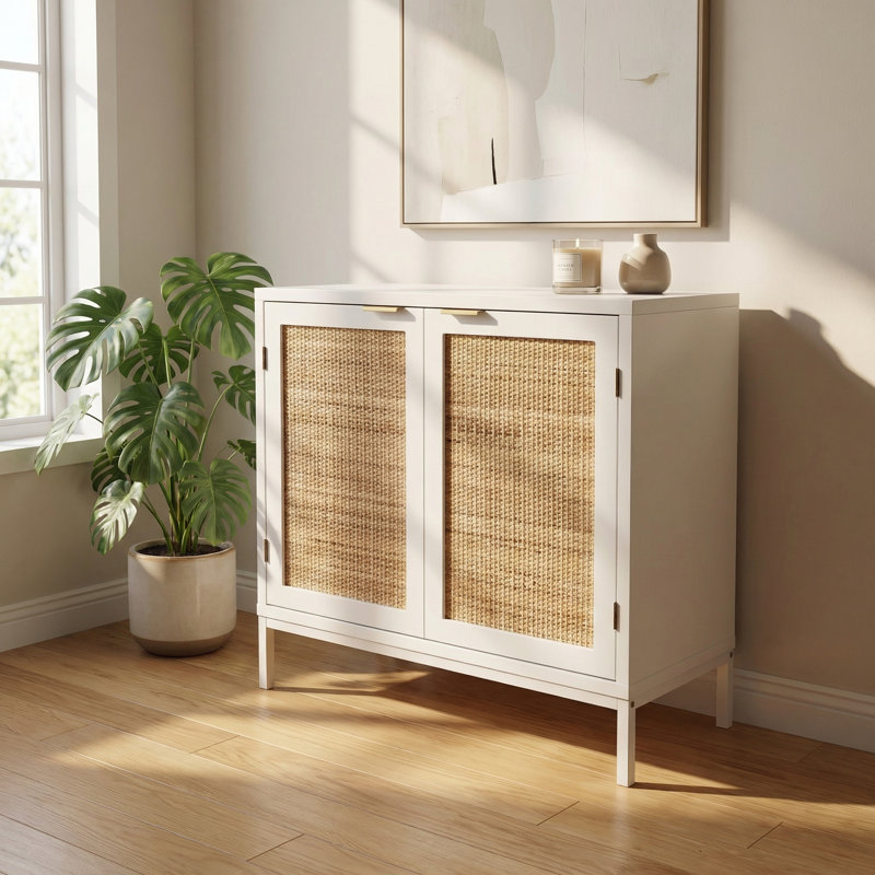 Armoire de rangement Lolita 31,5 "à 2 portes en rotin avec tablette réglable, Blanc