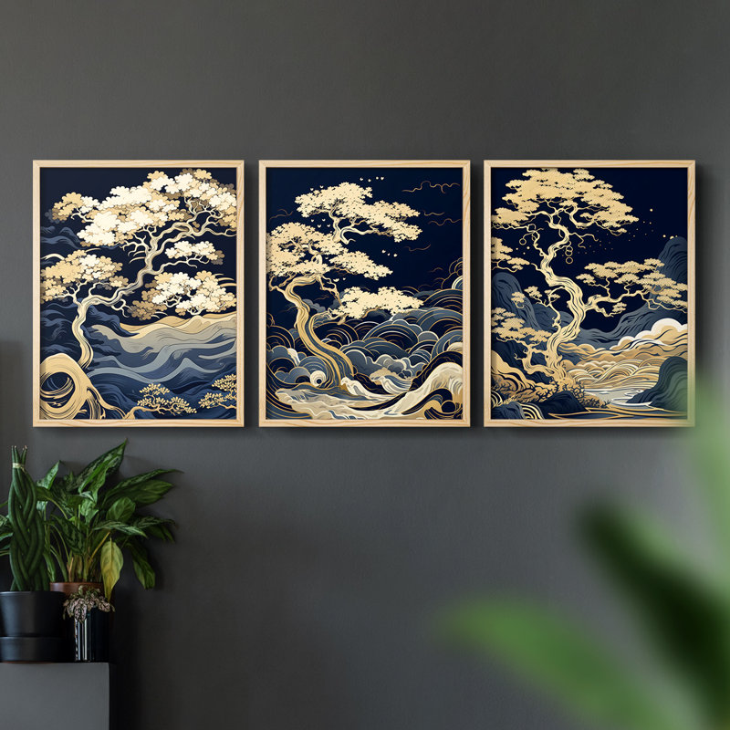 Lanscape Study  Series  XLI  -Set Of 3 Framed Giclee Prints -Ready to Hang, 10" H x 8" W, Natural Framed