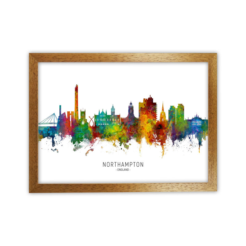 Northampton England Skyline by Michael Tompsett - Print, Brown Framed, 25cm H x 34cm W x 3cm D