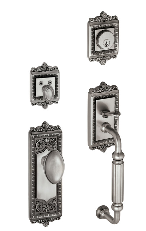 Jeu poignées avec bouton de porte verrou et eden et rosette à cylindre simple Windsor, Étain antique