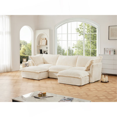 Slipcovered Sofa 2 Seater Sofa    With 2 Ottomans, 2 Seater Sleeper Sofa Bed Home Theater Oversized Sofa For Living Room, Chenille, Cream