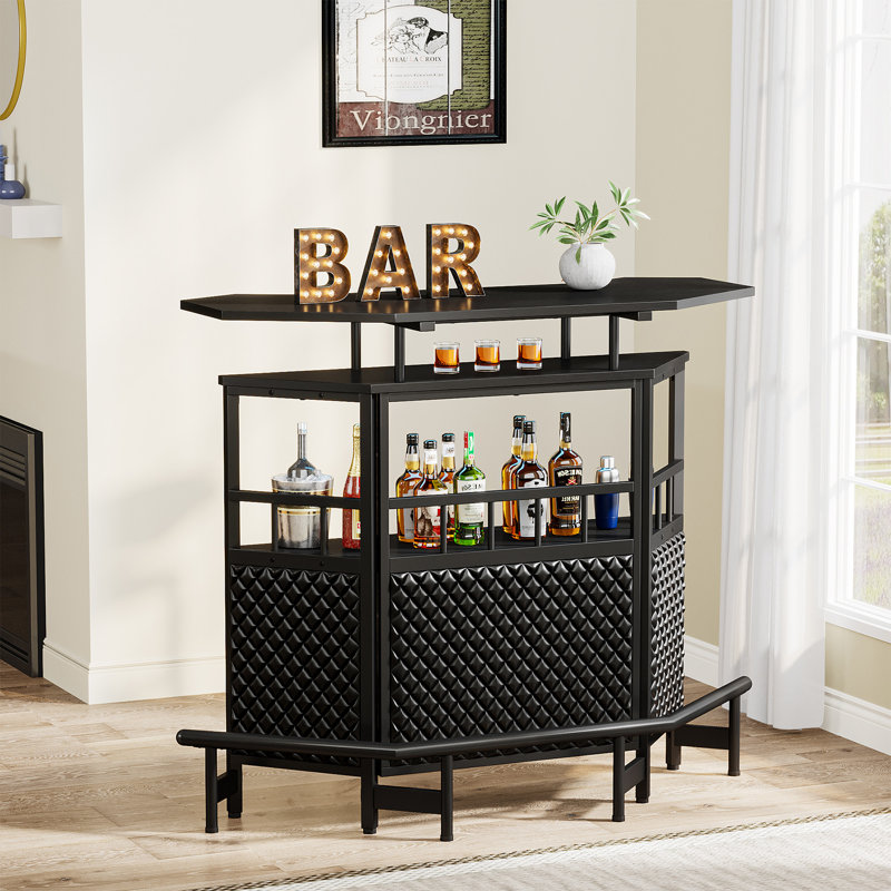 Bar Unit For Liquor, 4 Tier Home Bar Cabinet With Storage Shelves And Footrest, Corner Mini Bar Table With Wine Glass Holder For Home/Kitchen/Bar/Pub, Black