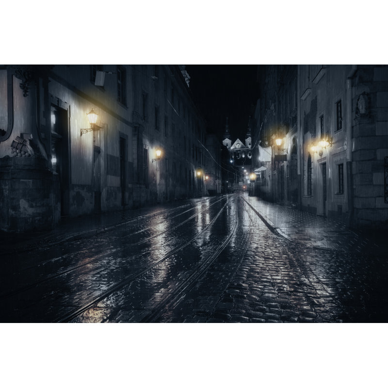 Rainy Night In Old European City by Khoroshkov - Wrapped Canvas Print, 30cm H x 46cm W