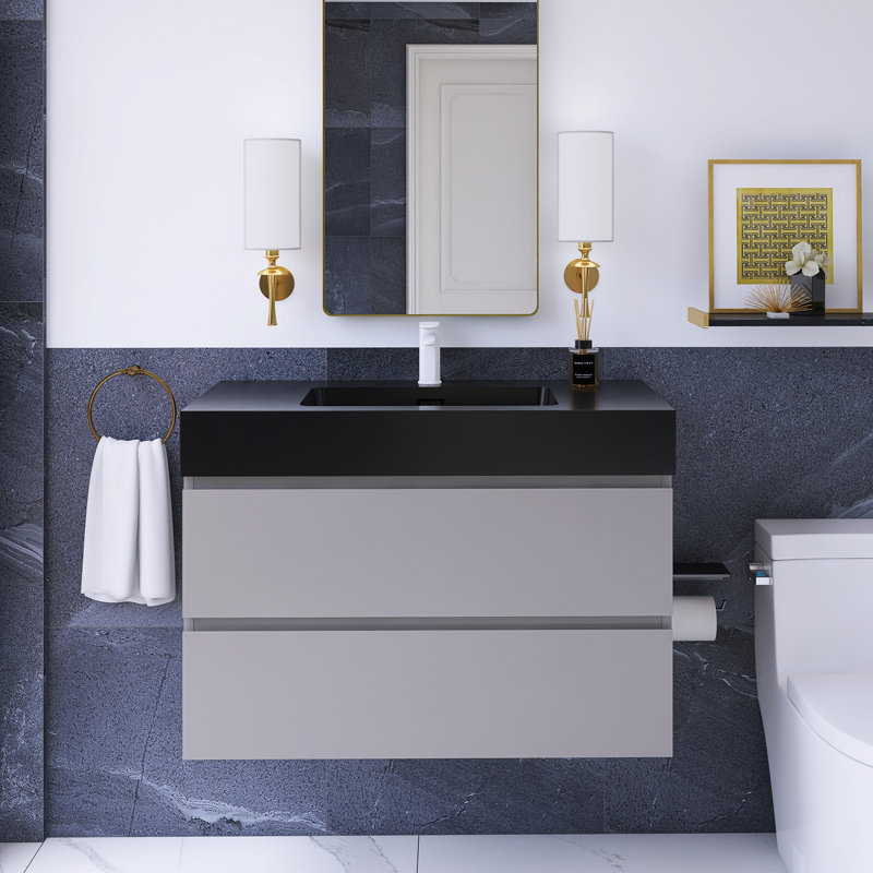 36 po W Meuble-lavabo mural simple avec lavabo noir, Gris
