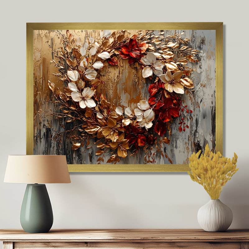 Ilionora Golden Vivid Wreath Spiral Of Petals - Couronne d'art mural, Reproduction encadrée d'une seule photo, Doré