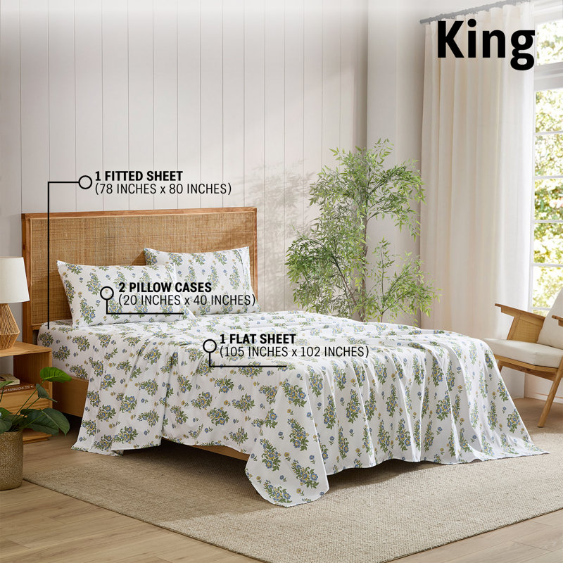 HLC.ME Color Block Printed Floral Bed Sheets - 4 Piece Patterned Bed Sheet Set - Wrinkle Resistant & Soft - Fits Mattresses Up To 15 Inches Deep (King, Blue)