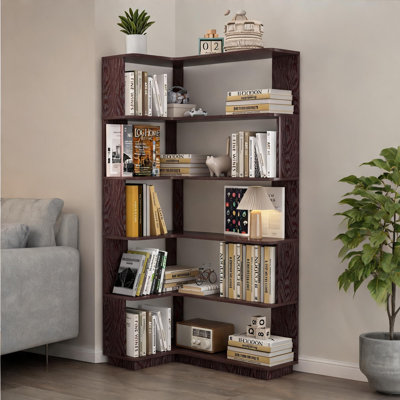 Bibliothèque de coin ouverte en L avec rangement, pour le bureau de la chambre à coucher, panneau de fibres à densité moyenne rouge riche, tablette autoportante étendue de 35,4 pouces