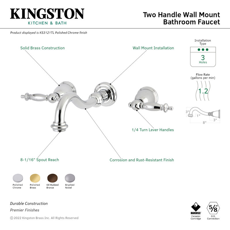 Kingston Brass Templeton Two-Handle 3-Hole Wall Mount Bathroom Faucet, Polished Brass
