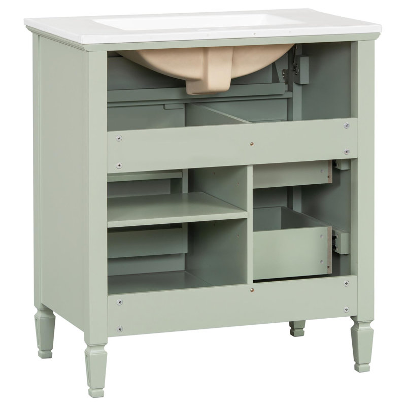 30'' freestanding vanity with a drop-front drawer, two standard drawers, and adjustable shelves, 30", Green