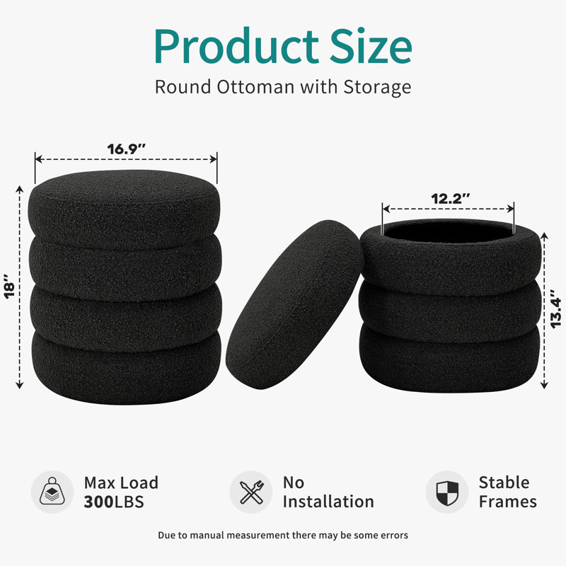 17'' Wide Boulce Round Storage Ottoman, Black