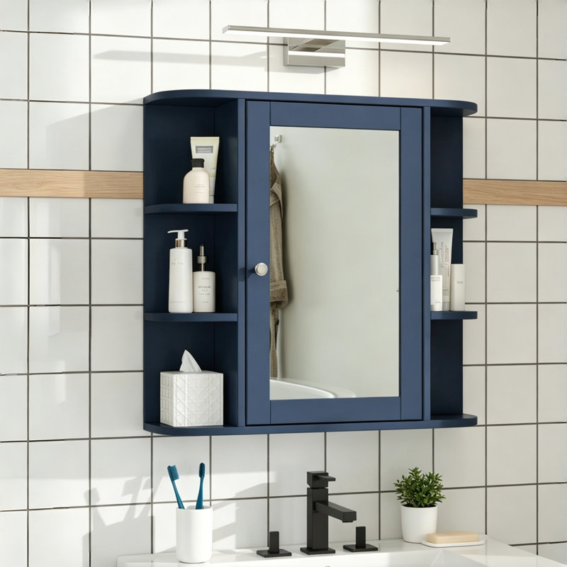 Armoire de rangement murale de salle de bain avec miroir, tablette réglable et portes, Blue