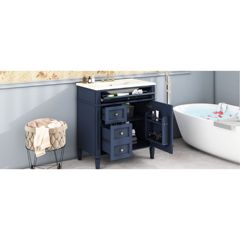 Meuble-lavabo moderne de 76 cm avec lavabo, armoire bleue à 2 tiroirs et rangement fonctionnel.
