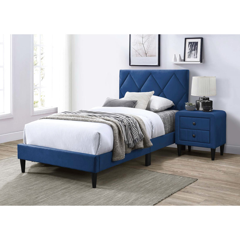 Twin Bed With 12 Firm Base - Adjustable Headboard In Velvet 12 Slat Construction, Navy Blue
