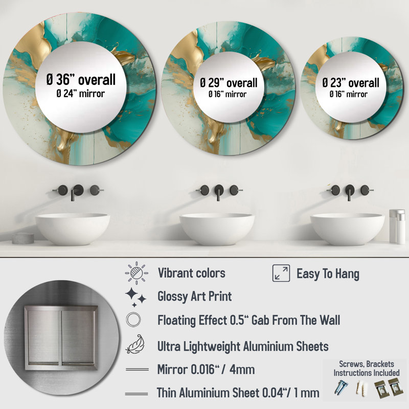Simpert or et marbre turquoise Fuild Ink II - grand miroir en marbre, décor de miroir mural rond doré unique, art imprimé en métal