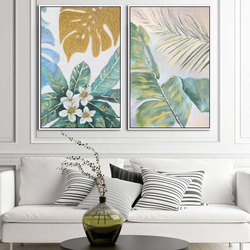 «Tropical Jungle Leaveas Abstract», 2 pièces, H 36 po x l 24 po, Blanc