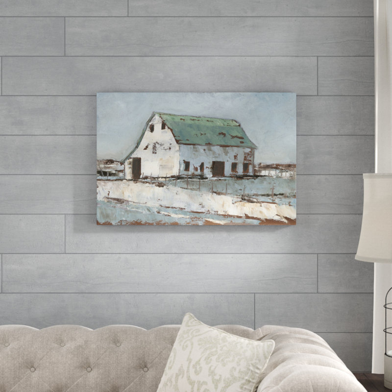 «Plein Air Barn II», peinture sur toile, H 20 po x l 30 po, Papier avec cadre photo noyer, Oui