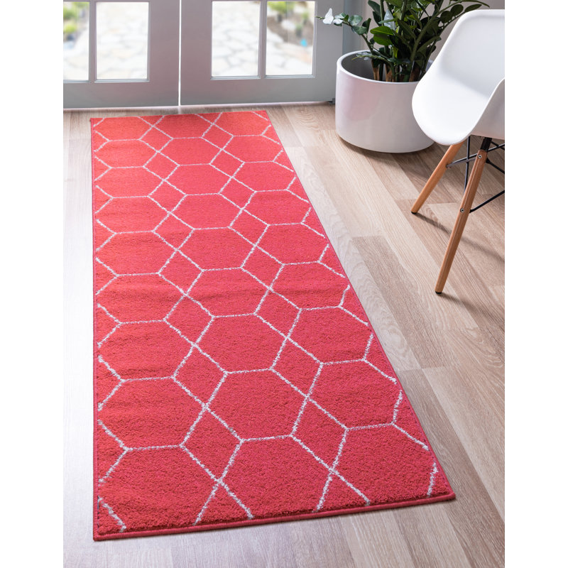 Tapis rose à motif géométrique Devin, Tapis de couloir 2 pi x 13 pi 1 po
