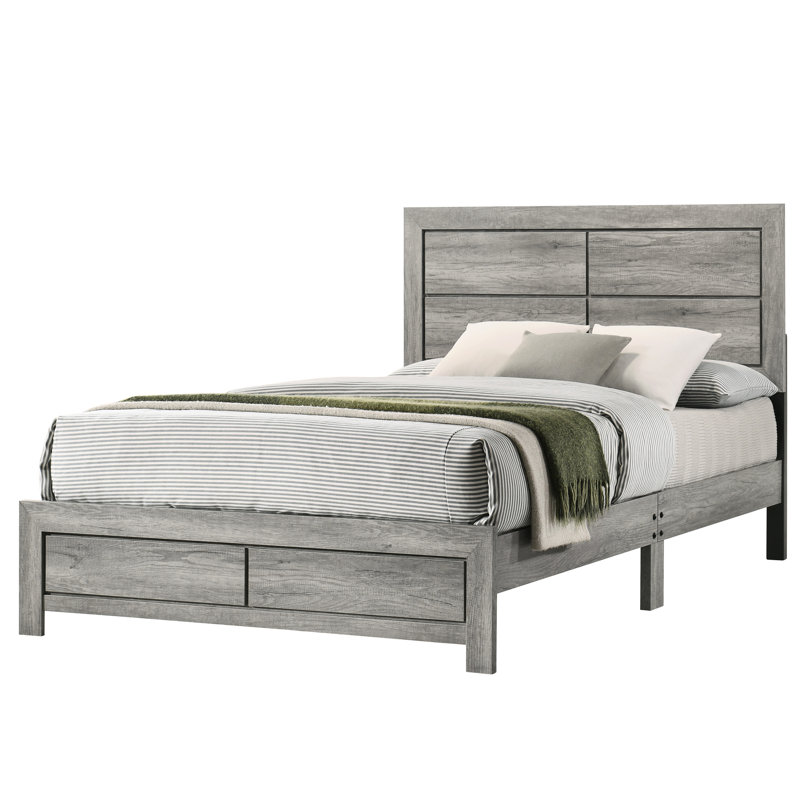 Lit plateforme double gris de style contemporain avec tête de lit épurée, lit dans une boîte, grain de bois rustique, facile à entretenir, aucun ressort nécessaire