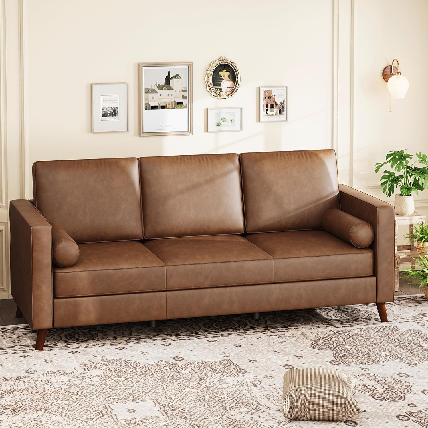 Ebern Designs 86" PU Leather Sofa, 3 Seat Mid Century Couch with Deep ...