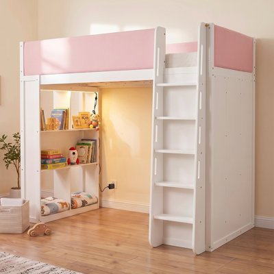 Lit mezzanine simple en bois massif avec barrières de sécurité en similicuir, armoire, tiroirs, étagères et éclairage DEL, blanc