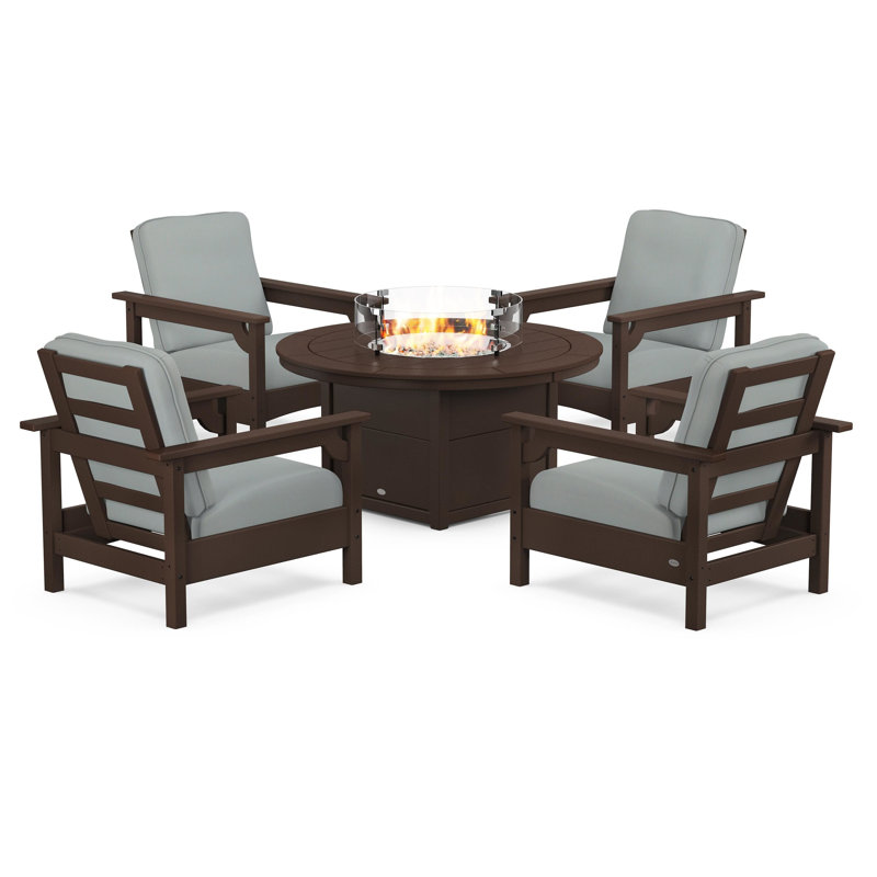 Club 5-Piece Conversation Set with Fire Pit Table, Mahogany, Spa