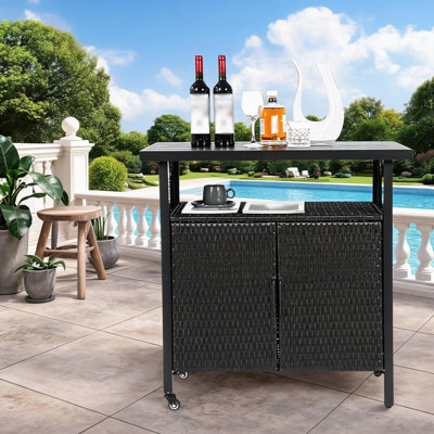 Outdoor Wicker Bar Cart, Rolling Rattan Beverage Serving Cart with Wheels for Backyard Garden Poolside Party