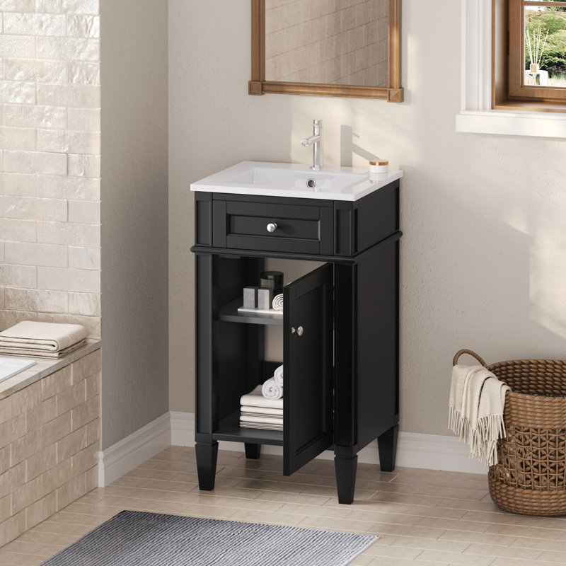 Meuble-lavabo autoportant de 18 po avec lavabo en céramique et porte à fermeture en douceur, Black
