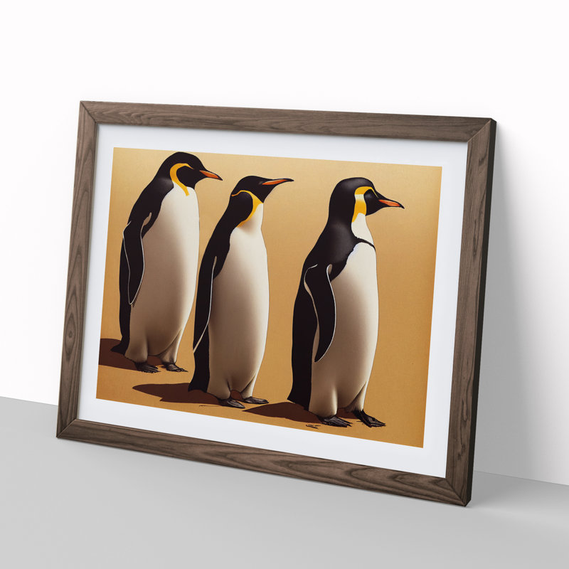 XH1022-9228X Trio Of Penguins - Single Picture Frame Print, 46cm H x 64cm W x 2cm D, Walnut