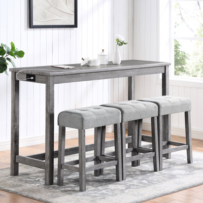 Table de bar industrielle avec prise de courant pour le salon et les salles de jeux - Matériaux 4 pièces Surface de salle à manger facile à nettoyer Bois massif gris, sièges recouverts de lin Douceur tactile