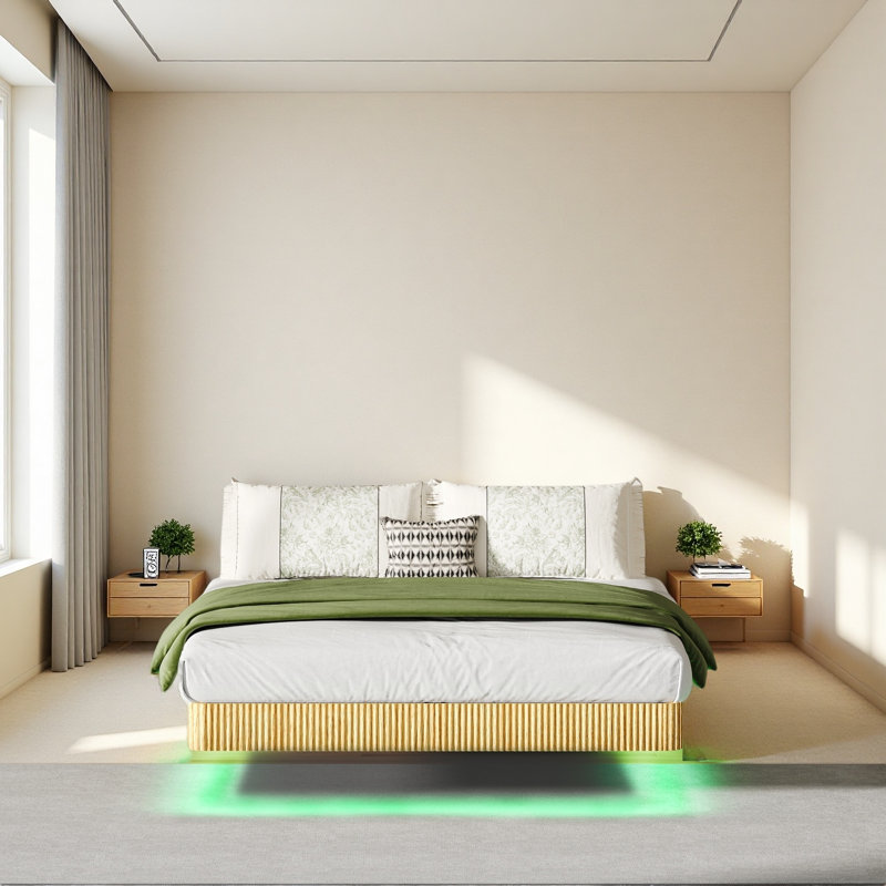 Walnut Floating Bed Frame With LED Lights, Queen, Oak