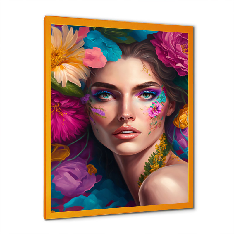 «Floral Sensual Woman Portrait VI», impression sur toile, H 44 po x l 34 po x P 1,5 po, Encadrement doré