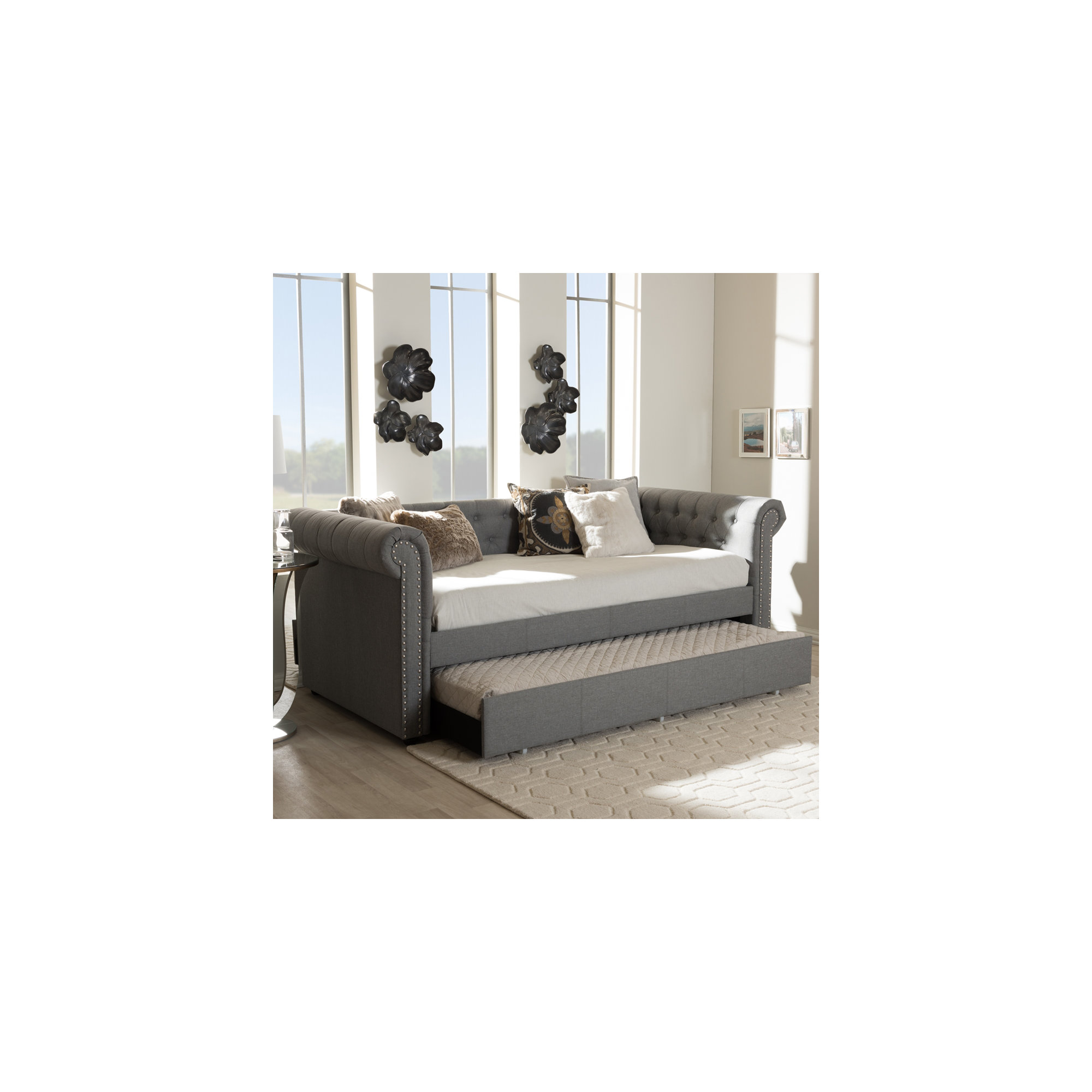 Mynard Upholstered Daybed with Trundle - Twin, Gray