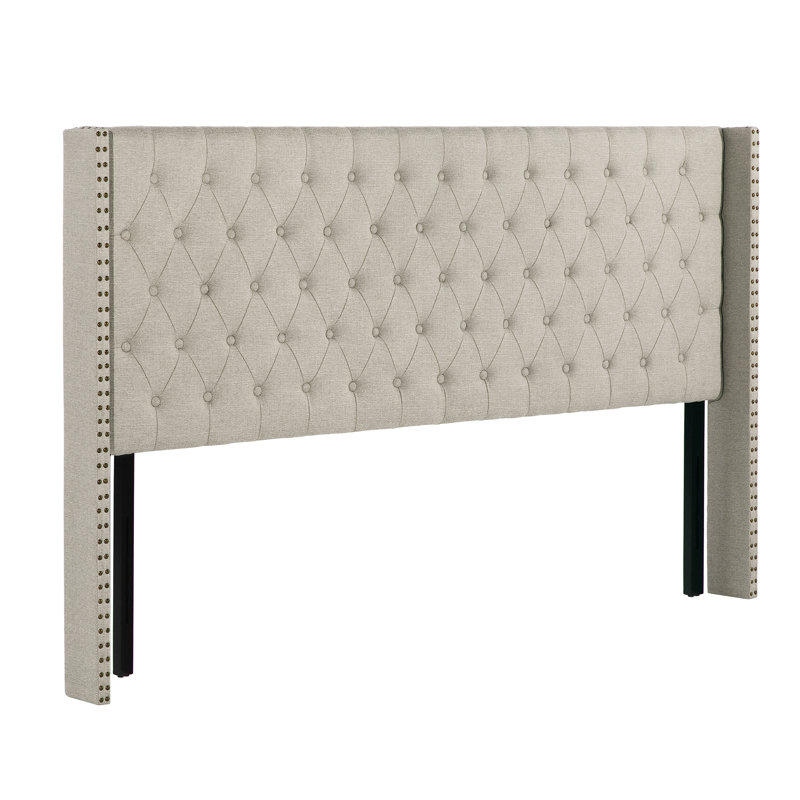 Tufted Wingback Upholstered Headboard with Nailhead Trim, Gray Linen, King / California King