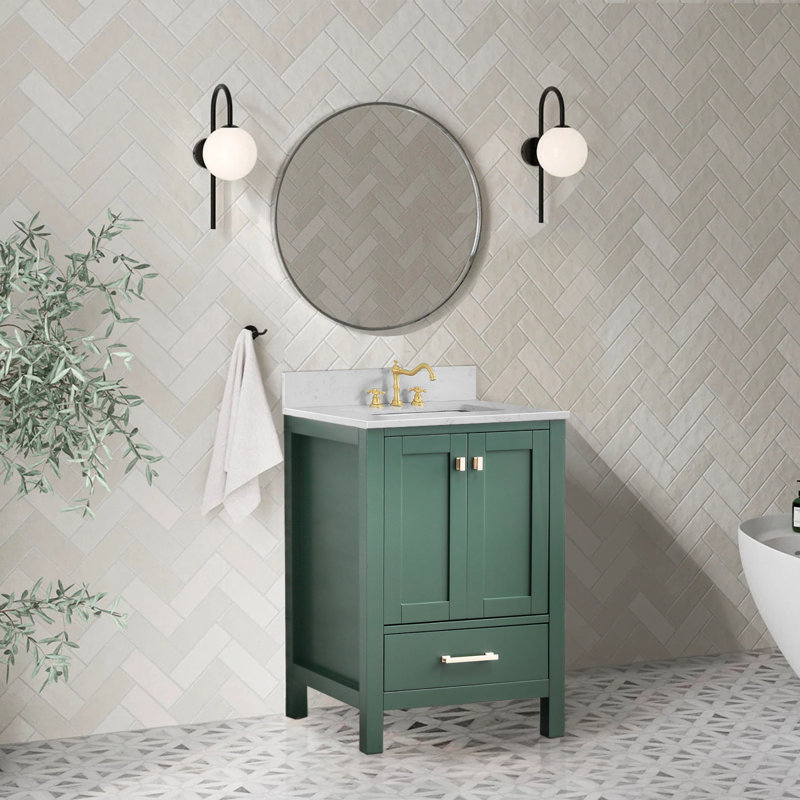 Meuble-lavabo moderne avec lavabo et rangement, Vert / or brossé, 24'