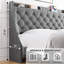 Très grande base de lit tapissier avec tête de lit à oreilles, revêtement en lin capitonné, tablette de rangement, station de charge et ports USB, silencieux, sommier tapissier optionnel, gris foncé