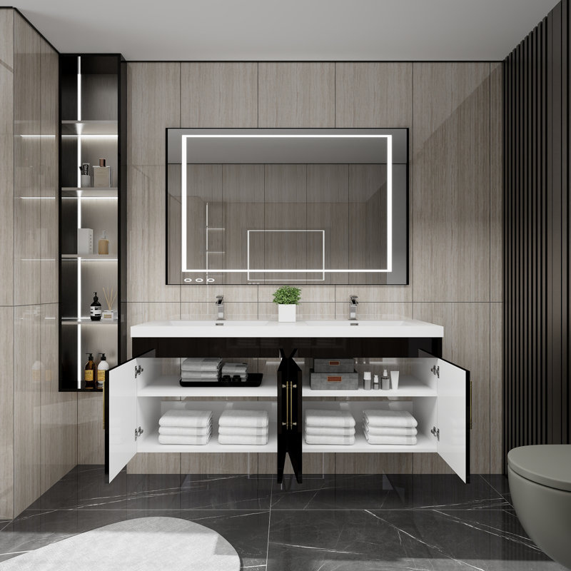 Romer 59''Wall-Mounted Double Bathroom Vanity Set, Glossy Black