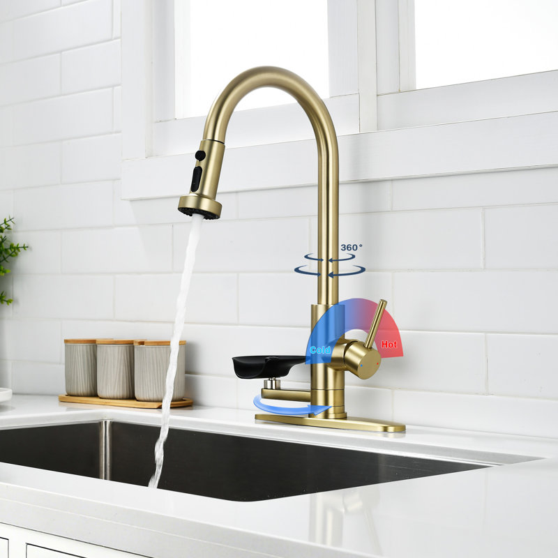 Kitchen Faucet with Glass Rinser, Pull Down Sink Faucet with 3 Spray Modes, Single Hole 2 in 1 High Arc Stainless Steel Kitchen Faucets Brushed Golden