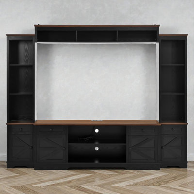 Entertainment Center For Tvs Up To 80", Bookshelf Wall Console, Two-Tone Wood Top, Modern Farmhouse, Living Room Storage System