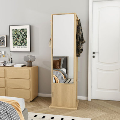  360° Rotating Standing Makeup & Jewelry Cabinet with Full-Length Mirror & Coat Rack, Walnut Finish Multi-Tier Storage Organizer