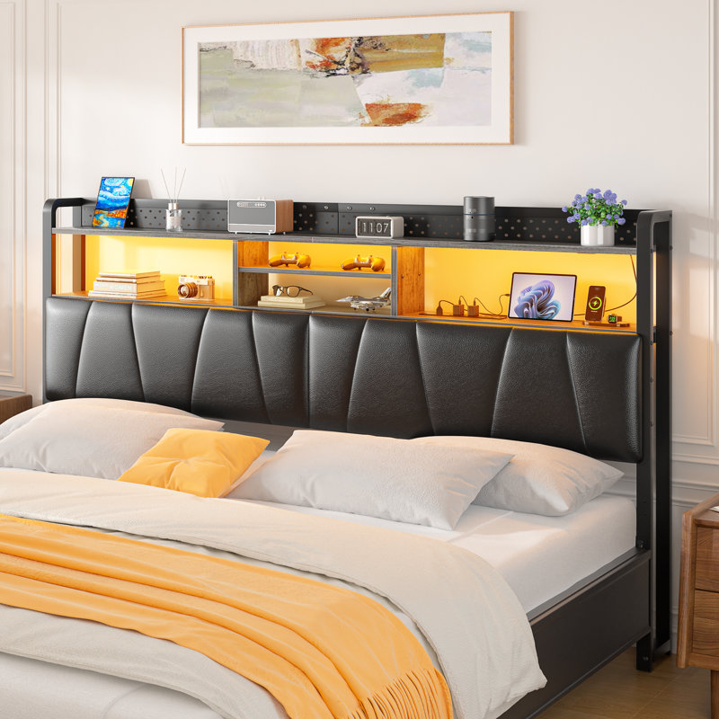 Storage Upholstered PU Headboard With LED Lights & Charging Station, Gray Oak, Queen