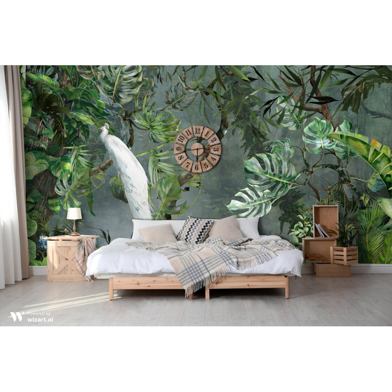 Papier peint exotique paon blanc, L 110,04 po x l 163 po, Vert