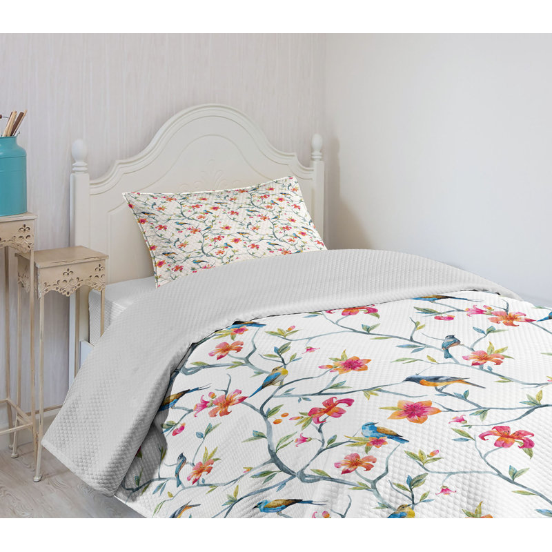 White Twin Quilted Bedspread Set with Floral Design