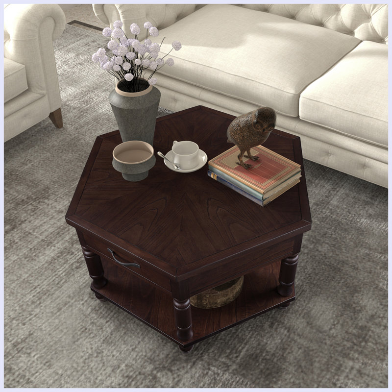 Table basse de salon en bois massif avec tablette Retro Hexagon, Espresso clair, Espresso clair