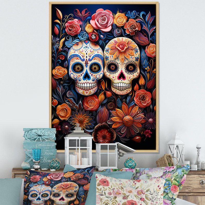Art mexicain, jour des morts 4 - Art mural mexicain, Cadre flottant brun, H 32 po x l 24 po x P 1 po