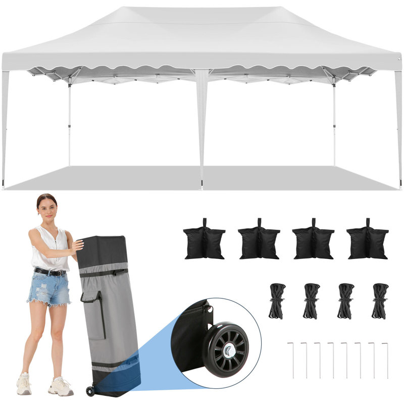 Easy Up Outdoor Party Tent with Wheeled Bag, 4 Weight Bags 54 Ft. W x 29 Ft. D Aluminum Pop-Up Canopy, White