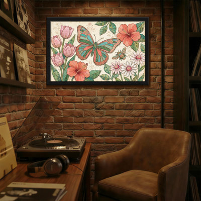 Animals Butterfly Flowers Leaves Insects Garden Pattern Art Print