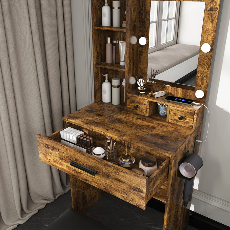 Vanity Table with Mirror & Adjustable LED Lights, Vintage