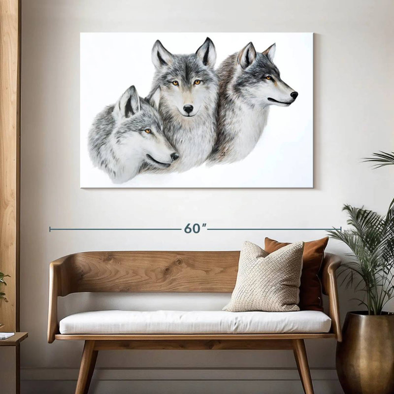 Snowy Wolf Family, H 32 po x l 48 po