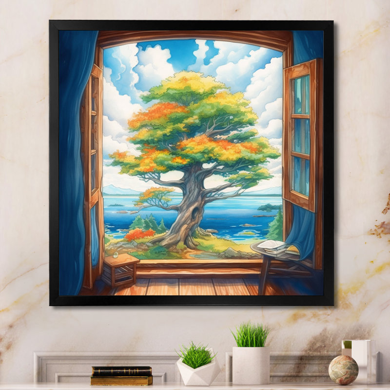«Ryelan Window View Of Vibrant Tree III», reproduction sur toile, Cadre photo noir, H 16 po x l 16 po x P 1 po