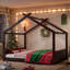 Structure de lit pour grand lit avec lattes de support pour enfants, structure de lit pour maison en bois massif avec structure d'ouverture, plate-forme de lit de jour à profil bas pour filles, sans sommier, espresso-24601600
